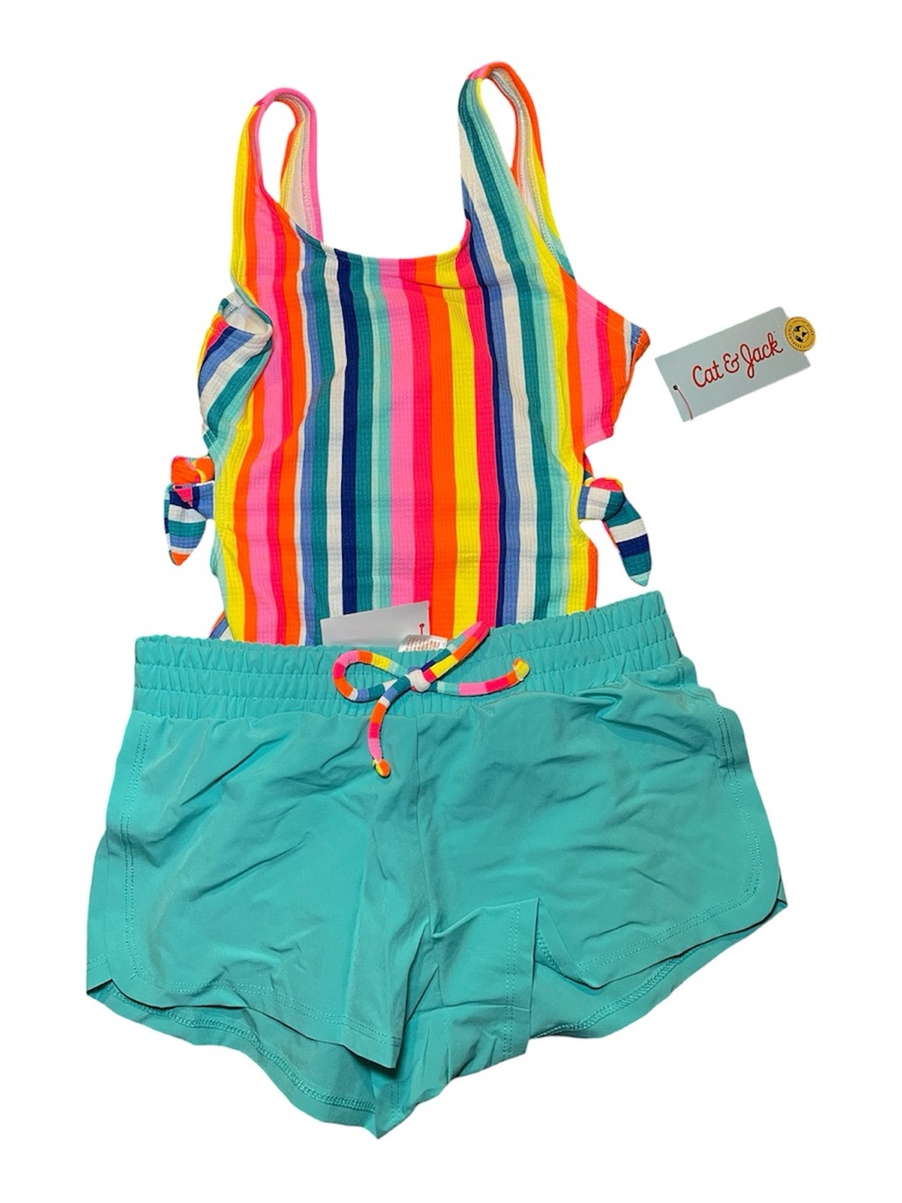 Cat & Jack Girls Rainbow Stripe Swimsuit Cover Up Shorts Set Size S 6/7 NWT